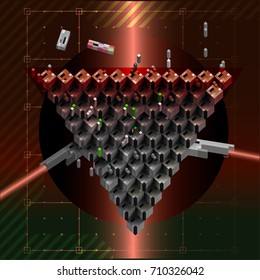 Vector. 3d form consisting of cubes. Triangular composition. It reminds poster with
the image of the space  ships.