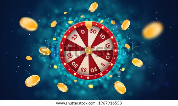 Vector 3d\
fortune wheel with golden flying coins on blue abstract background.\
Spin casino roulette and win\
prizes