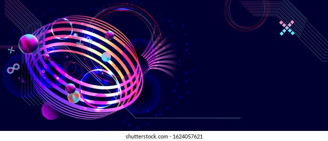 Vector 3d futuristic neon space background with planets and geometric elements abstraction