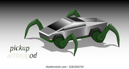 Vector 3d futuristic pickup truck on a spider or crab ride instead of wheels. Four green legs of an arthropod
