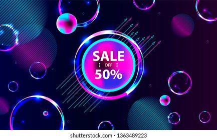 Vector 3d futuristic space background with bright light planets and stars. Cosmos banner with neon light objects and glowing