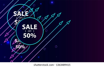 Vector 3d futuristic space background with bright light planets and stars. Cosmos banner with sale