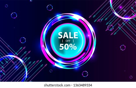 Vector 3d futuristic space neon background with bright light planets and stars. Cosmos banner with neon light 3d objects and glowing