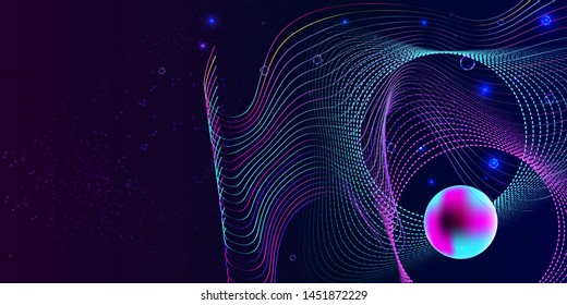 Vector 3d futuristic space neon background with bright light planets and stars. Cosmos banner