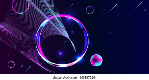 Vector 3d futuristic space neon background with bright light planets and stars. Cosmos banner