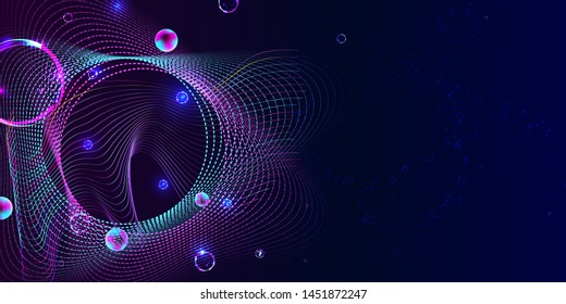 Vector 3d futuristic space neon background with bright light planets and stars. Cosmos banner