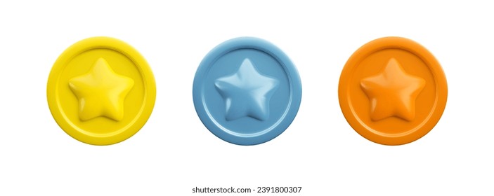 Vector 3d game coins with star realistic icons set. Trendy gold, silver and bronze round award, medal, abstract winner badge sign. 3d render minimal cartoon game purchase elements, game money symbol.
