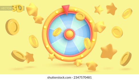 Vector 3d Game icon. Wheel of fortune, roulette with falling golden stars, money, coin, poker chips. Vector illustration for postcard, icons, poster, banner, web, design, arts.