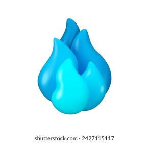 Vector 3d gas burning icon. Blue flame isolated on a white background. Power or energy concept illustration, magic cartoon fire