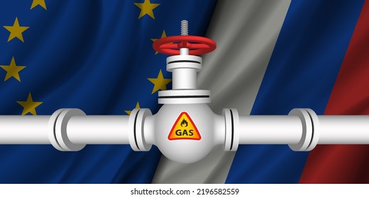 Vector 3d gas pipe with a closed tap on the background of wavy flags of the European Union and the Russian Federation