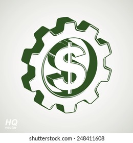 Vector 3d gear and green dollar symbol. Business and finance conceptual icon. High quality engineering design element, commerce theme graphic emblem, eps8.