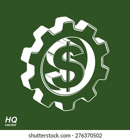 Vector 3d gear and green dollar symbol. Business and finance conceptual icon. High quality engineering design element, commerce theme graphic emblem, eps8.