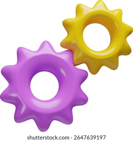 Vector 3D gear mechanism icon with purple and yellow cog. Teamwork concept. Technical support. Setting up, process. Plastic illustration. Cartoon style. Isolated background.