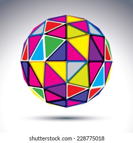 Vector 3D geometric abstract object, dimensional sphere isolated on white background. Vivid globe with bright isosceles triangles, kaleidoscope effect.