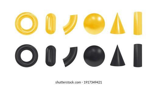 Vector 3d geometric objects. Isolated black and yellow shapes.