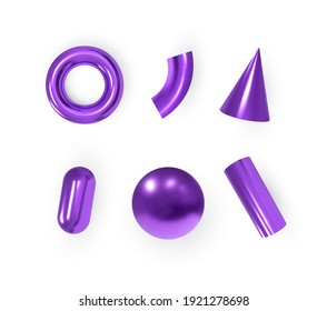 Vector 3d geometric objects. Isolated metallic purple shapes.