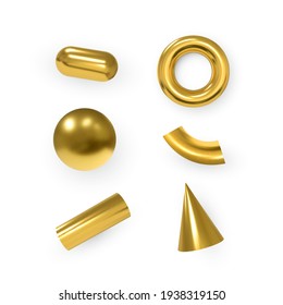 Vector 3d Geometric Objects. Isolated Metallic Gold Shapes.