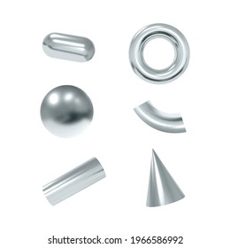 Vector 3d geometric objects. Isolated metallic silver shapes.