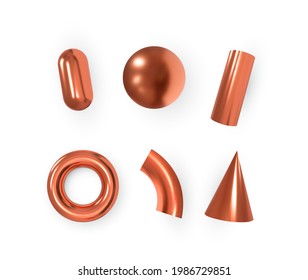 Vector 3d geometric objects. Isolated metallic red shapes.