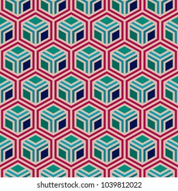 Vector 3d Geometric Pattern, Seamless Background with Rhombus. Abstract colorful cube pattern background. Optical illusion 3d shapes, Contemporary texture for Design. 
