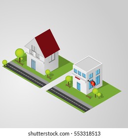 Vector 3D geometric shapes of houses and shops.