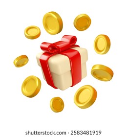 Vector 3d gift box with gold coins. Golden coins flying around simple shiny present with red ribbon. Reward bonus concept isolated.