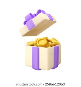Vector 3d gift box with golden coins. Cartoon present icon with gold money, reward idea. Bonus money prize illustration, isolated on white background
