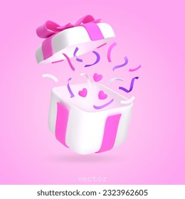 Vector 3d Gift Box With Hearts and confetti. Open Present Box With Pink Ribbon and Bow. For Surprise, Birthday Party, Anniversary. Vector Render Illustration In Plasticine Cartoon Style.