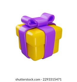 Vector 3d gift box icon. Cartoon present with ribbon bow isolated on white background. Render illustration in yellow and purple colors