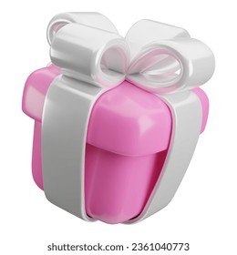 Vector 3d gift box icon. Cute realistic holiday pink present with silver ribbon, bow isolated on white. Minimal 3d render surprise illustration for Valentines day, Mothers Day, wedding, Girls birthday