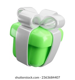 Vector 3d gift box icon. Cute realistic holiday green present with silver ribbon, bow isolated on white. Minimal 3d render surprise illustration for Christmas, Easter, birthday, wedding, eco market.
