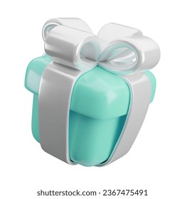 Vector 3d gift box icon. Cute realistic holiday mint green present with silver ribbon, bow isolated on white. Minimal 3d render surprise illustration