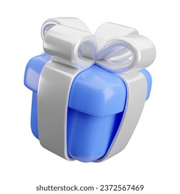 Vector 3d gift box icon. Cute realistic holiday blue present with silver ribbon, bow isolated on white. Minimal 3d render surprise illustration for Christmas, Anniversary, advert .