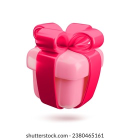 Vector 3d gift box icon. Cute realistic holiday pastel pink present with red ribbon and bow on white background. Minimal 3d render surprise illustration for Valentines day, Mothers Day, advert, web.