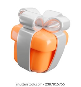 Vector 3d gift box icon. Cute realistic holiday orange present with silver ribbon, bow isolated on white. Minimal 3d render surprise illustration for Christmas sale, Mothers Day, Birthday, wedding.