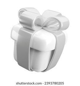 Vector 3d gift box icon. Cute realistic white present with silver ribbon and bow isolated on white background. Minimal 3d render monochrome surprise box illustration