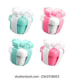 Vector 3d gift box icons set. Cute realistic holiday pink, white and mint present with ribbon and bow. 3d render surprise illustrations for Valentines day, Mothers Day, Birthday, Wedding, Christmas.