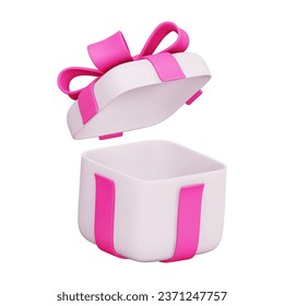 Vector 3d Gift Box. Open Empty Present Box With Pink Ribbon and Bow. For Surprise, Birthday Party, Baby Shower. Vector Render Illustration In Plasticine Cartoon Style. Isolated on white