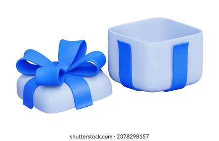 Vector 3d Gift Box. Open Empty Present Box With Blue Ribbon and Bow. For Surprise, Birthday Party, Baby Shower. Vector Render Illustration In Plasticine Cartoon Style. Isolated on white