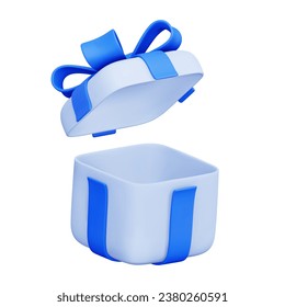 Vector 3d Gift Box. Open Empty Present Box With Blue Ribbon and Bow. For Surprise, Birthday Party, Baby Shower. Vector Render Illustration In Plasticine Cartoon Style. Isolated on white