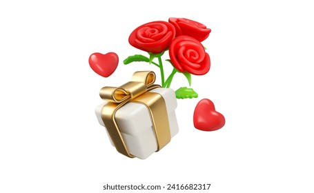 Vector 3d gift for woman icon. Red flowers present box in cartoon stylized illustration, isolated on white background. Happy mothers day or Women day concept. Email marketing element