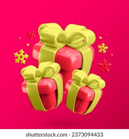Vector 3d gifts and snowflakes concept. Cute falling red present boxes with golden bows and snow on red background. Realistic 3d render New Year surprise. Trendy Christmas, Xmas illustration.