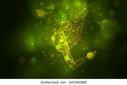 vector 3d girl from dots and lines, among wavy threads and circles on yellow green background