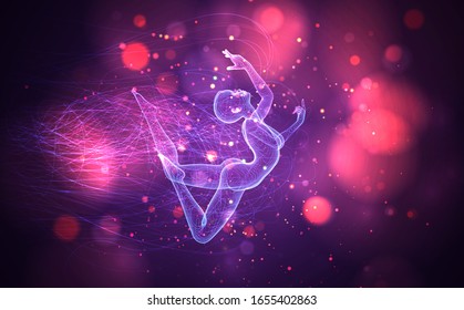 vectorial 3d de puntos y líneas, entre hilos ondulados y círculos sobre fondo morado y rosa de neón
