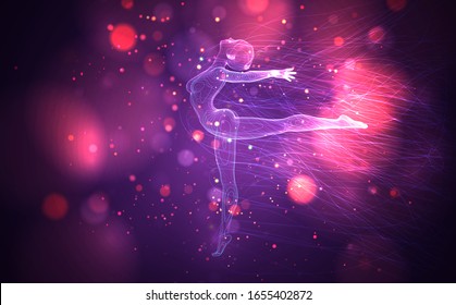vector 3d girl from dots and lines, among wavy threads and circles on neon purple and pink background