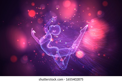 vector 3d girl from dots and lines, among wavy threads and circles on neon purple and pink background