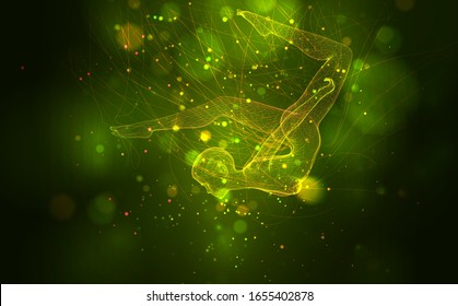 vector 3d girl from dots and lines, among wavy threads and circles on yellow green background