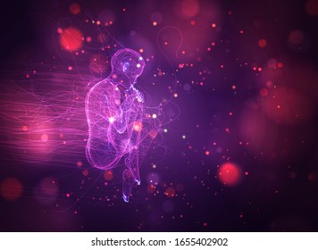 vector 3d girl from dots and lines, among wavy threads and circles on neon purple and pink background