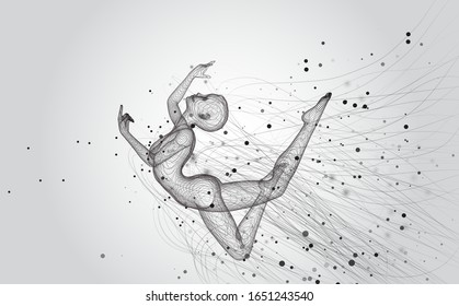 vector 3d girl from dots and splines, among wavy threads and circles
