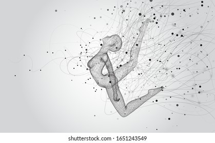 vector 3d girl from dots and splines, among wavy threads and circles